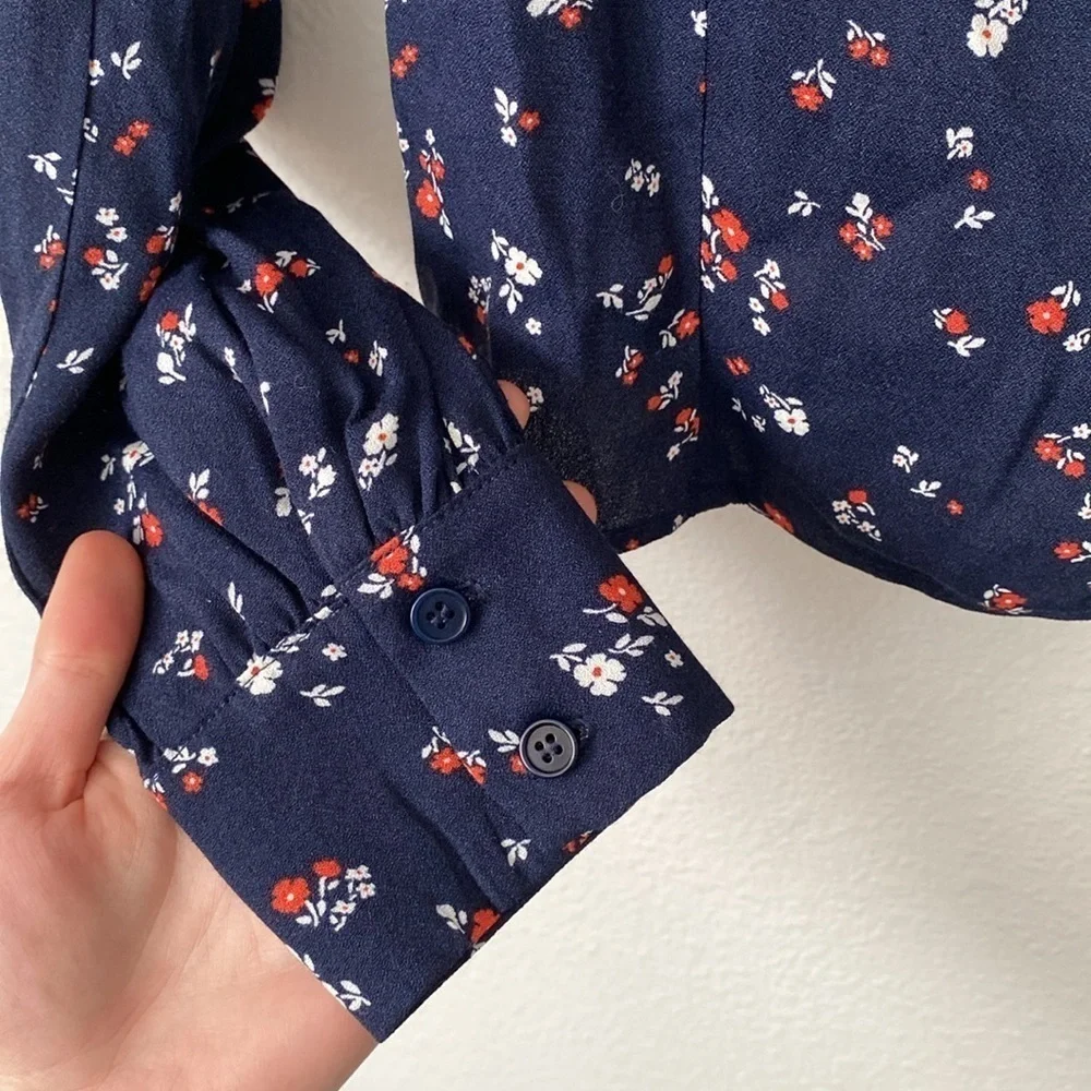 Reformation Navy Blue Floral Square-Neck Puff Sleeve Top